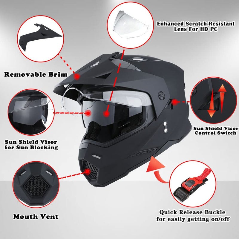 1Storm Dual Sport Motorcycle Motocross Off Road Full Face Helmet Dual Visor Matt Black, Size XL - Image 2